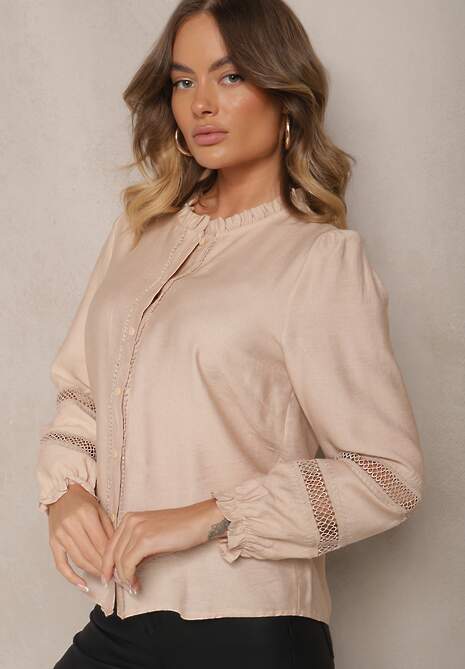 Beżowa Prosta Koszula z Wiskozy z Ozdobnymi Koronkowymi Wstawkami Cesiola