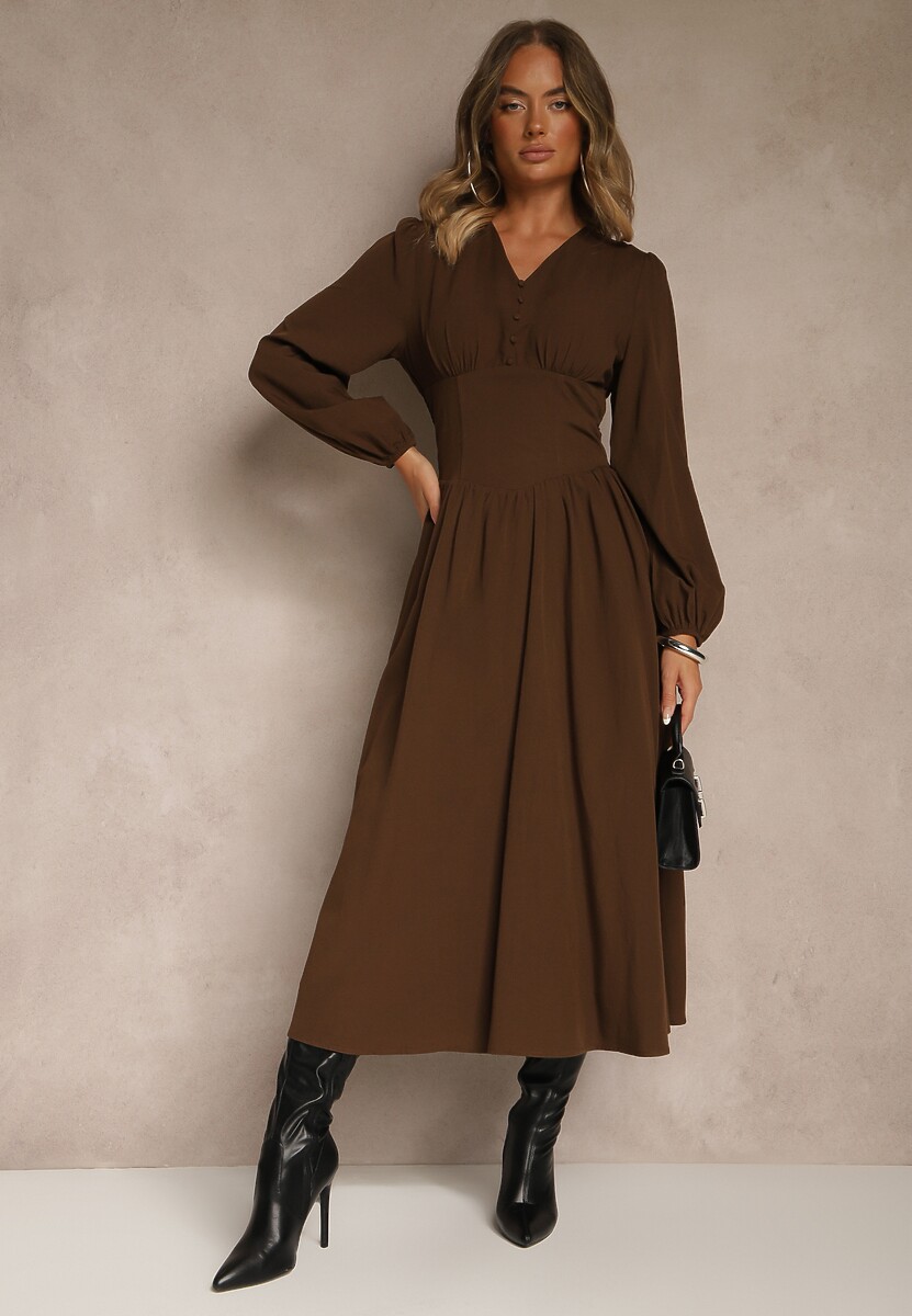 Brązowa Gorsetowa Sukienka z Wiskozą z Guzikami i Bufiastymi Rękawami Ahlite