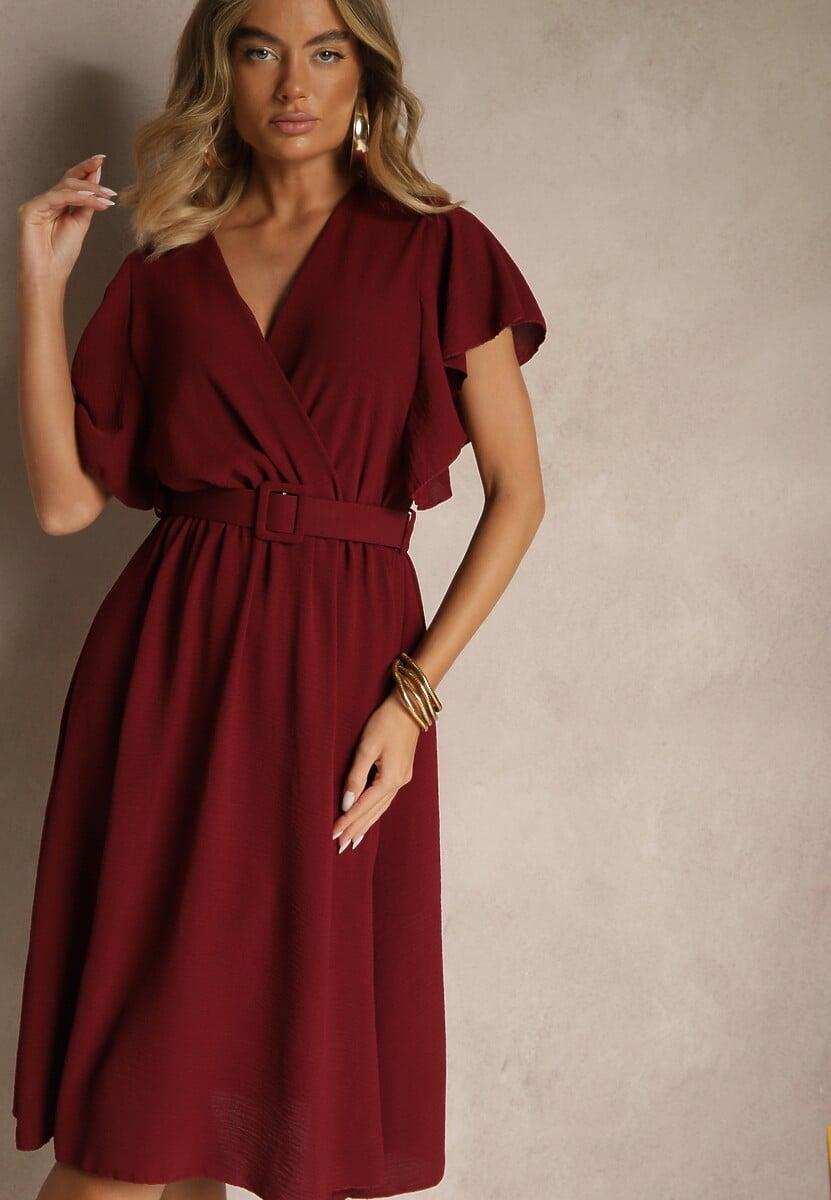 Niebieska Rozkloszowana Sukienka z Paskiem i Kopertowym Dekoltem Brinea