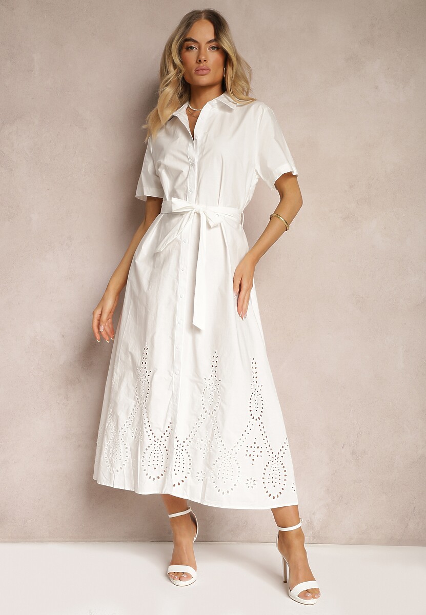 Zielona Bawełniana Sukienka o Ażurowym Wykończeniu z Paskiem w Talii Zapinana na Guziki Dimosha