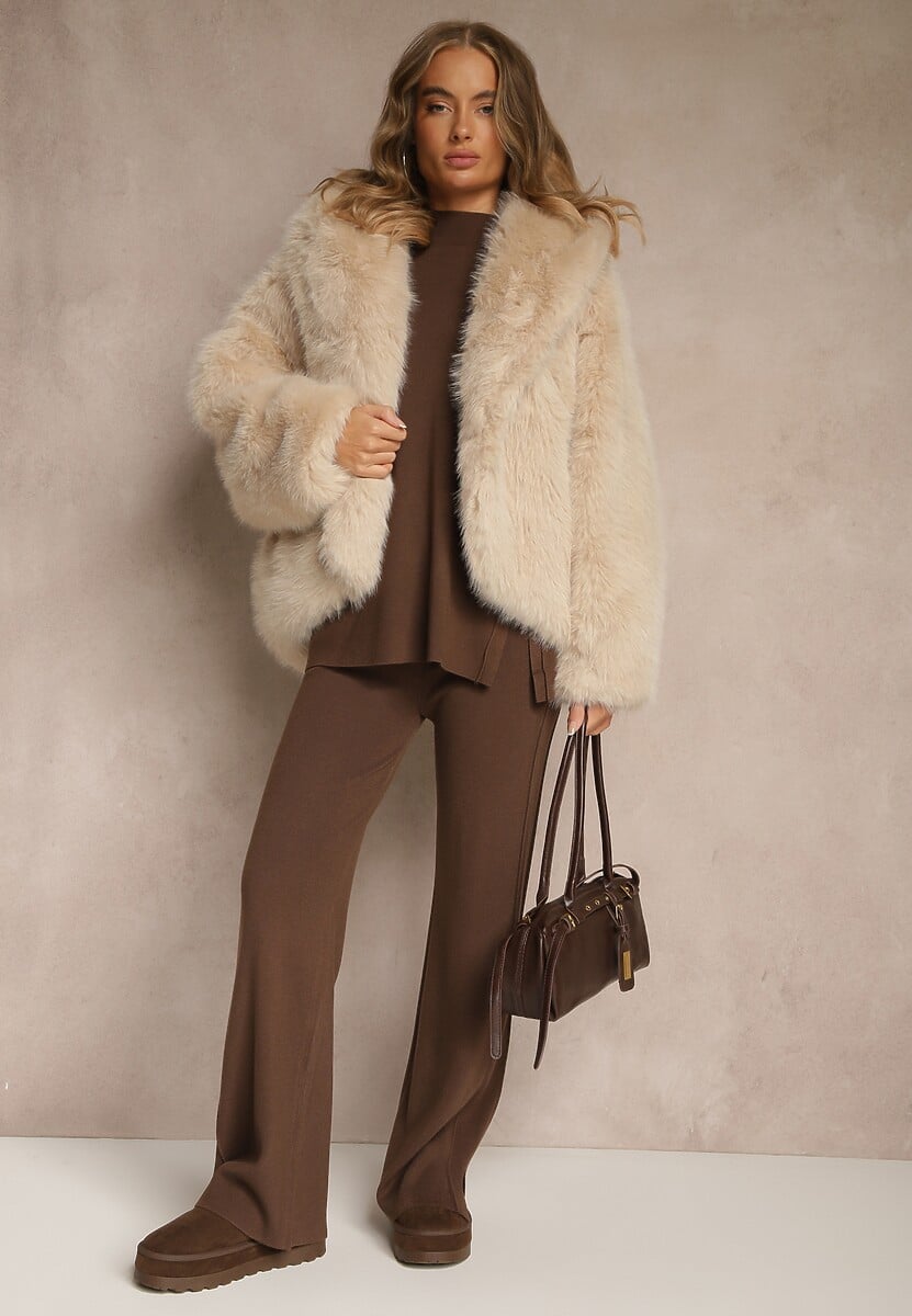 Brązowy Komplet z Dzianiny z Wiskozą Spodnie i Sweter z Ozdobnymi Guzikami Unarea