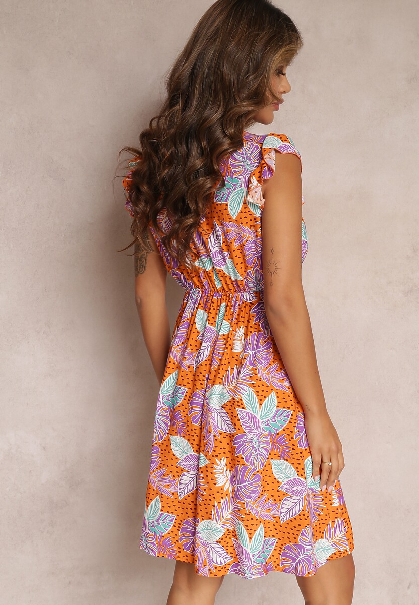 Pomarańczowa Wiskozowa Sukienka Mini z Gumką w Pasie i Ozdobnymi Guzikami Trypha