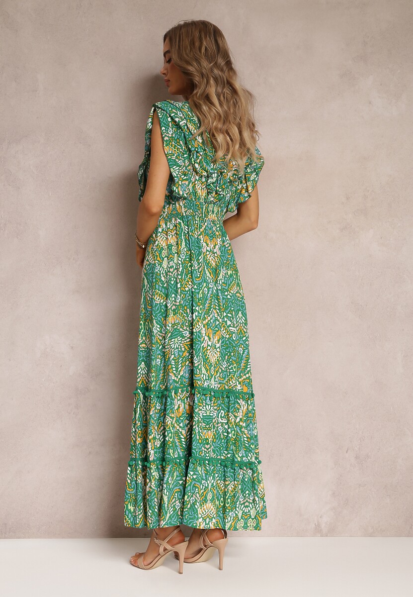 Zielona Wiskozowa Sukienka Maxi z Pomponami i Gumką w Talii Belmona