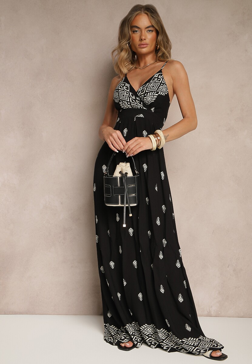 Czarna Kopertowa Sukienka na Ramiączkach z Bawełny z Wiązanym Paskiem Reveesia