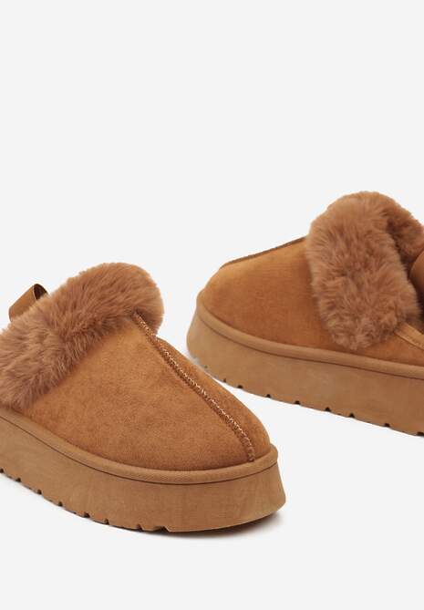Brązowe Śniegowce z Ekozamszu na Platformie z Odkrytą Piętą i Futrzaną Wstawką Norwenna