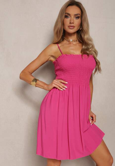 Fuksjowa Sukienka z Bawełny na Ramiączkach o Rozkloszowanym Kroju z Marszczoną Górą Christten