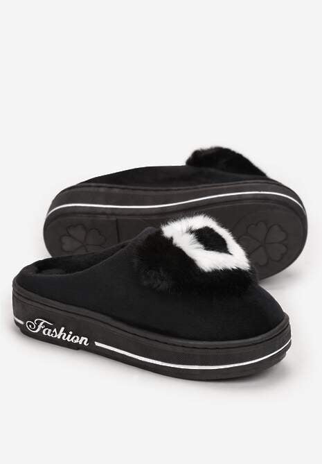 Czarne Kapcie na Grubej Podeszwie z Futrzaną Aplikacją Phoenix