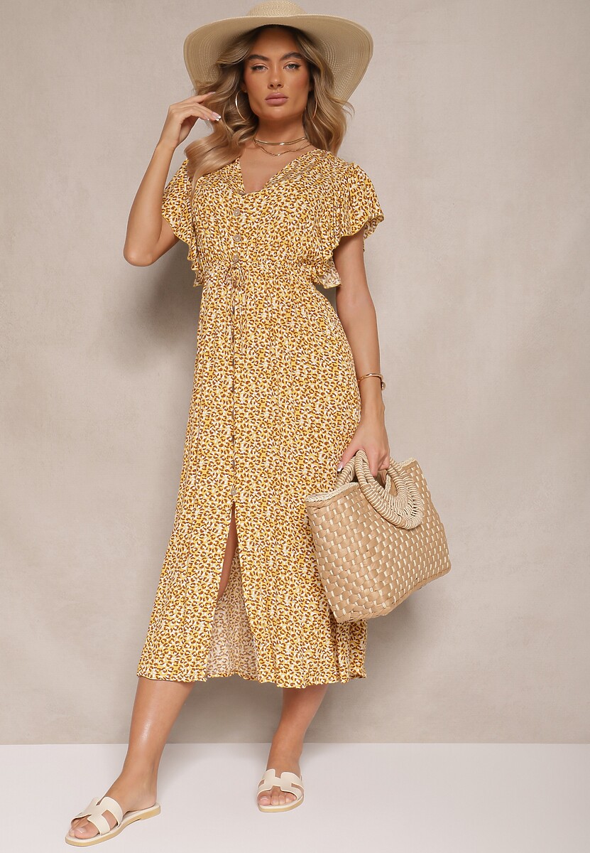 Żółta Sukienka z Bawełny w Cętki o Rozkloszowanym Kroju z Guzikami Aluvellae