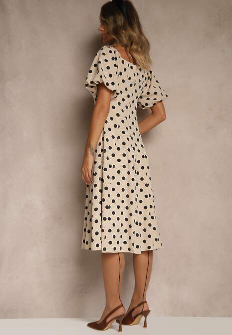 Beżowa Sukienka Hiszpanka Vices w Kropki o Rozkloszowanym Kroju Zilua