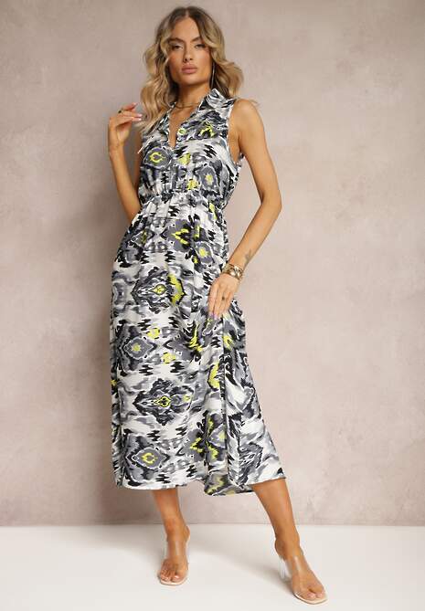 Szara Rozkloszowana Sukienka z Ozdobnymi Naszyciami na Dekolcie w Abstrakcyjni Print Flubia