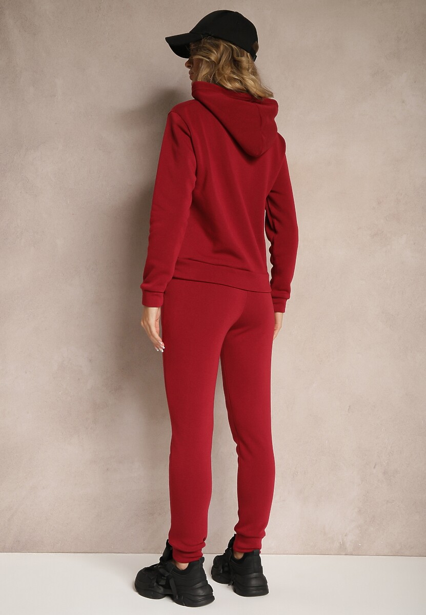 Bordowy Ocieplany Komplet Dresowy Bawełniany Spodnie Joggery i Bluza Zdobiona Nadrukiem Filoira