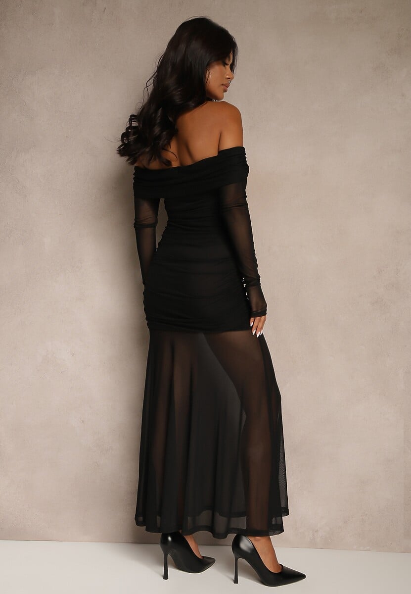 Czarna Koktajlowa Sukienka z Prześwitującymi Rękawami i Marszczeniem Haludea