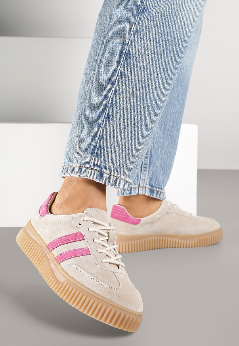 Beżowo-Fuksjowe Zamszowe Sneakersy w Stylu Kultowych Tenisówek ze Skórzaną Wkładką Tenannia