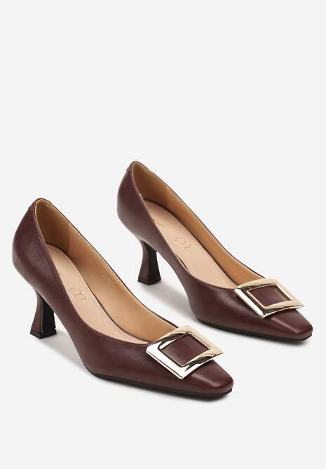 Bordowe Czółenka Vices ze Skórzaną Wkładką i Metaliczną Klamerką Berrine