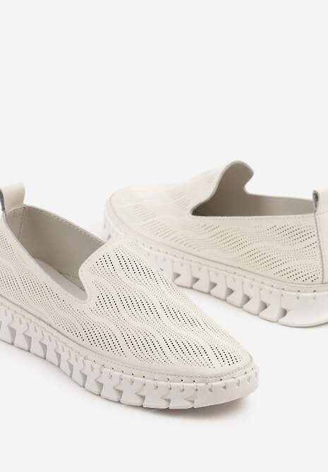 Beżowe Tenisówki ze Skóry Naturalnej Zdobione Perforacją Gonessea