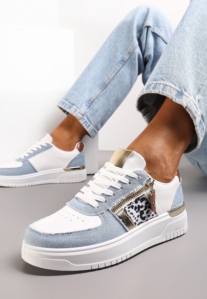 Niebieskie Sneakersy przed Kostkę z Suwakiem i Metaliczną Wstawką Ludovico