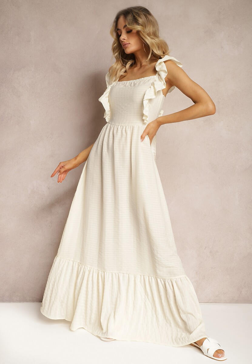 Jasnobeżowa Sukienka z Wiązaniem na Plecach na Ramiączkach z Falbankami i Gumką w Pasie Rollas