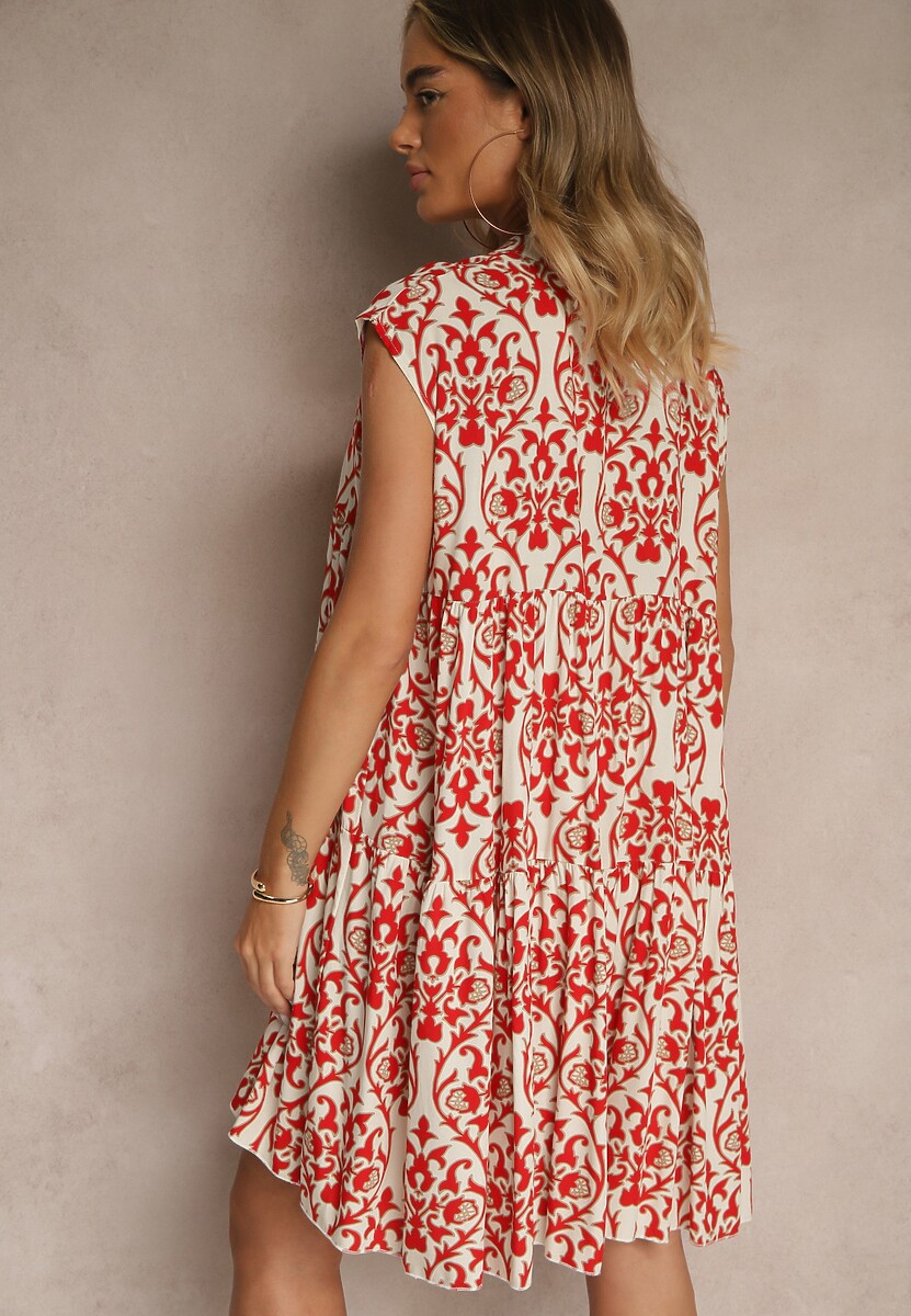 Czerwona Rozkloszowana Sukienka z Bawełny z Falbanką  Livalia