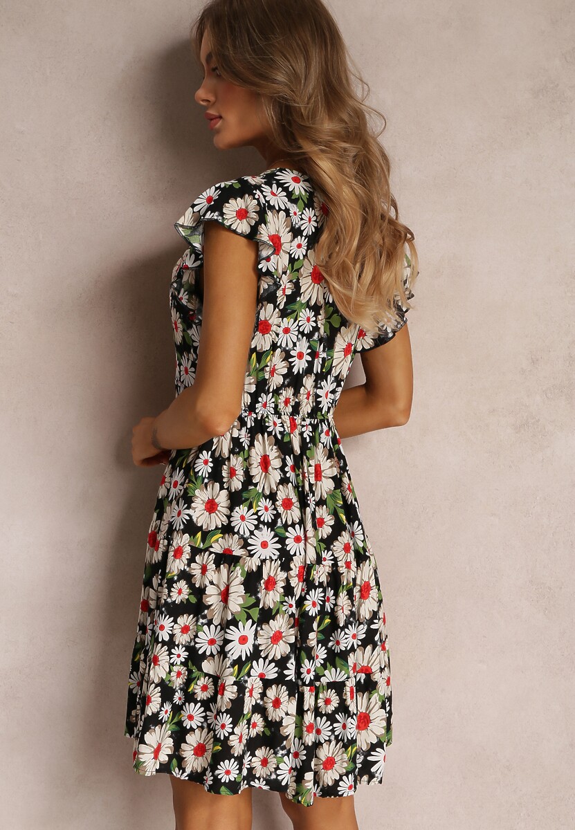 Czarna Taliowana Sukienka Mini w Kwiaty z Gumką w Talii Teziovi