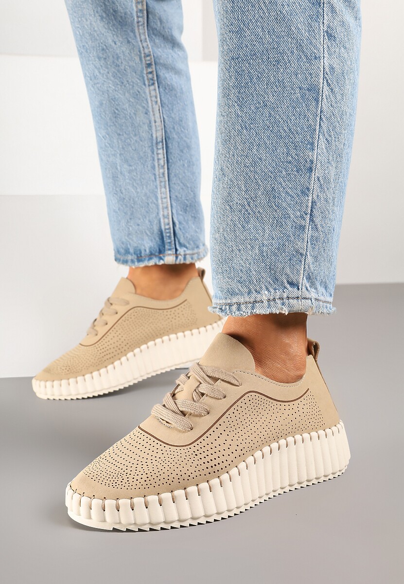 Beżowe Sneakersy na Tłoczonej Platformie z Ażurową Cholewką Ronfira