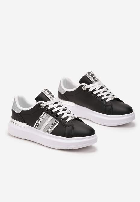 Czarne Sneakersy na Niewysokiej Platformie z Brokatowymi Wstawkami Renallsa