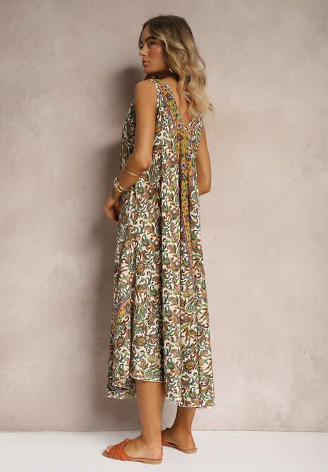 Zielono-Beżowa Sukienka z Wiskozy o Rozkloszowanym Kroju Bez Rękawów Fradea