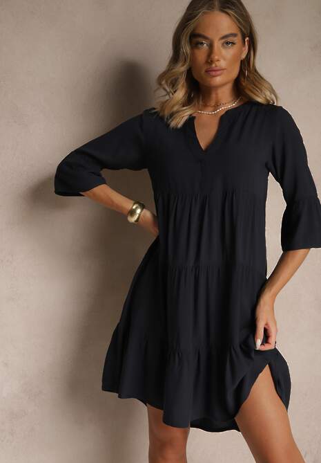 Granatowa Wiskozowa Sukienka o Rozkloszowanym Kroju Ozdobiona Falbanami Lirione