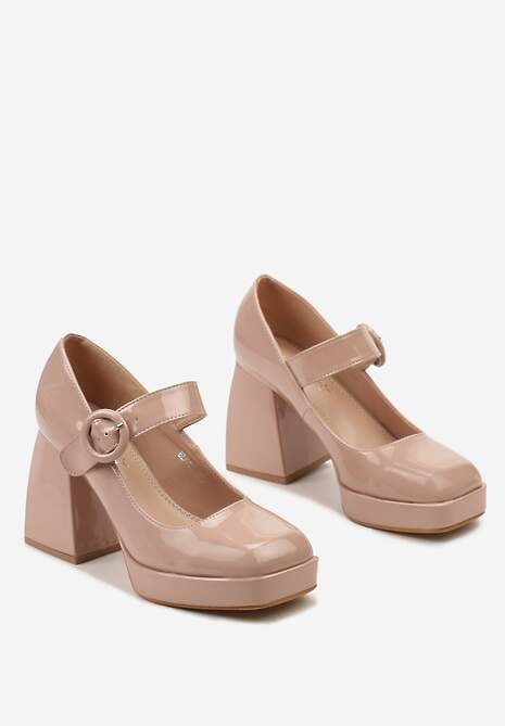 Beżowe Lakierowane Czółenka na Obcasie i Platformie z Ozdobną Sprzączką Adlikra