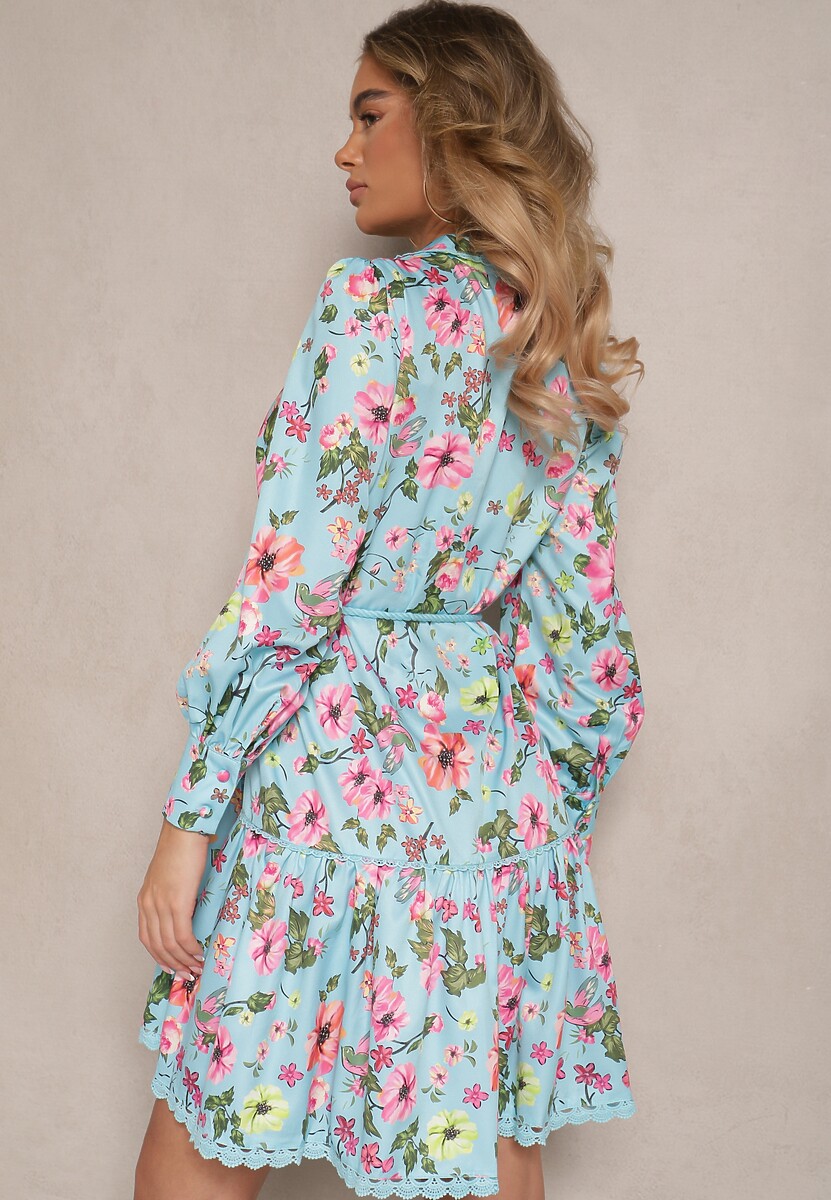 Niebieska Rozkloszowana Sukienka z Koronkowymi Wstawkami i Sznurkiem Payten