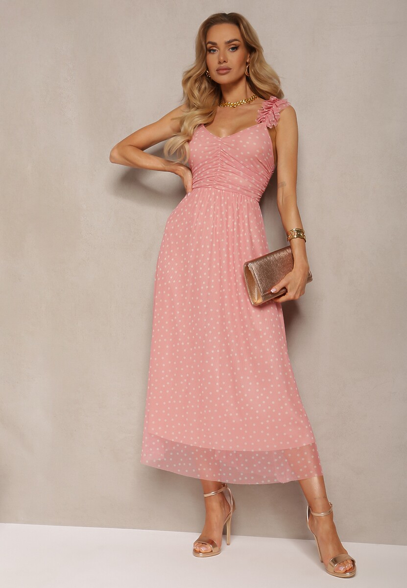 Jasnoróżowa Sukienka Rozkloszowana na Cienkich Ramiączkach z Gumką w Pasie i Tiulem Cevalla