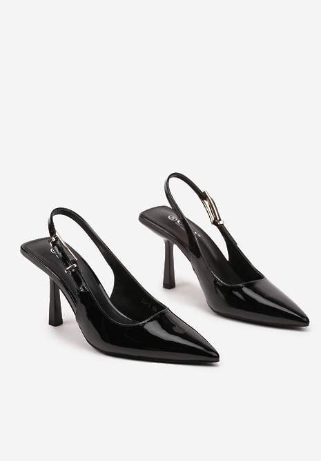 Czarne Lakierowane Sandały Czółenka Slingback Silvesa