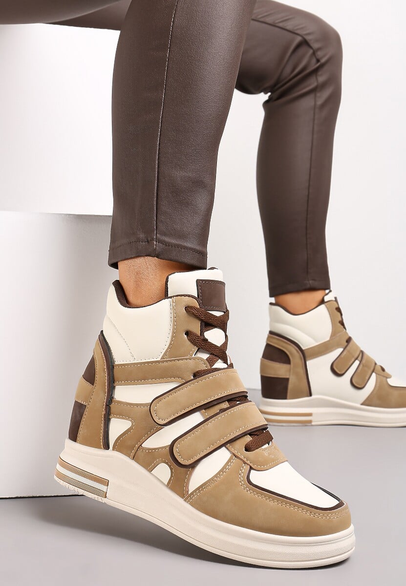 Czarno-Białe Sneakersy na Ukrytym Koturnie Zapięcie na Rzep Dodatkowo Sznurowane z Ozdobnymi Wstawkami z Ekozamszu Tisgnet