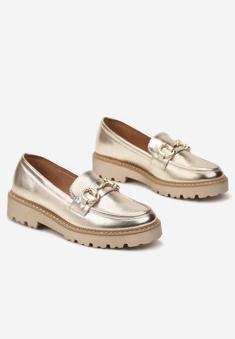 Złote Mokasyny z Imitacji Zamszu i Ozdobną Klamerką Zanita