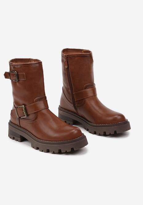 Jasnobrązowe Botki w Stylu Bikerów na Platformie z Tłoczeniem z Metalicznymi Klamrami Ravandrea