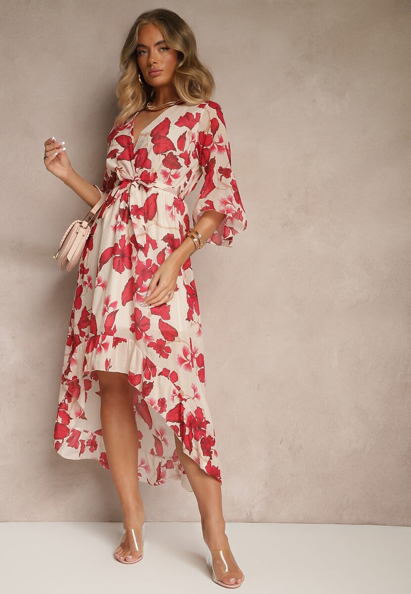 Czerwona Asymetryczna Sukienka z Bawełny z Kopertowym Dekoltem i Wiązanym Paskiem Nitilira