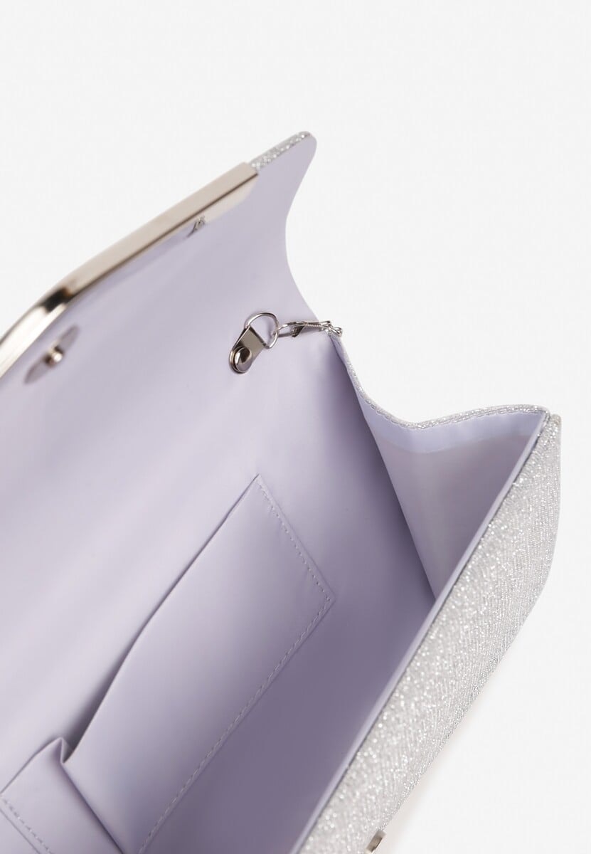 Srebrna Torebka Kopertówka z Metalicznymi Przeszyciami i Łańcuszkiem Vemella