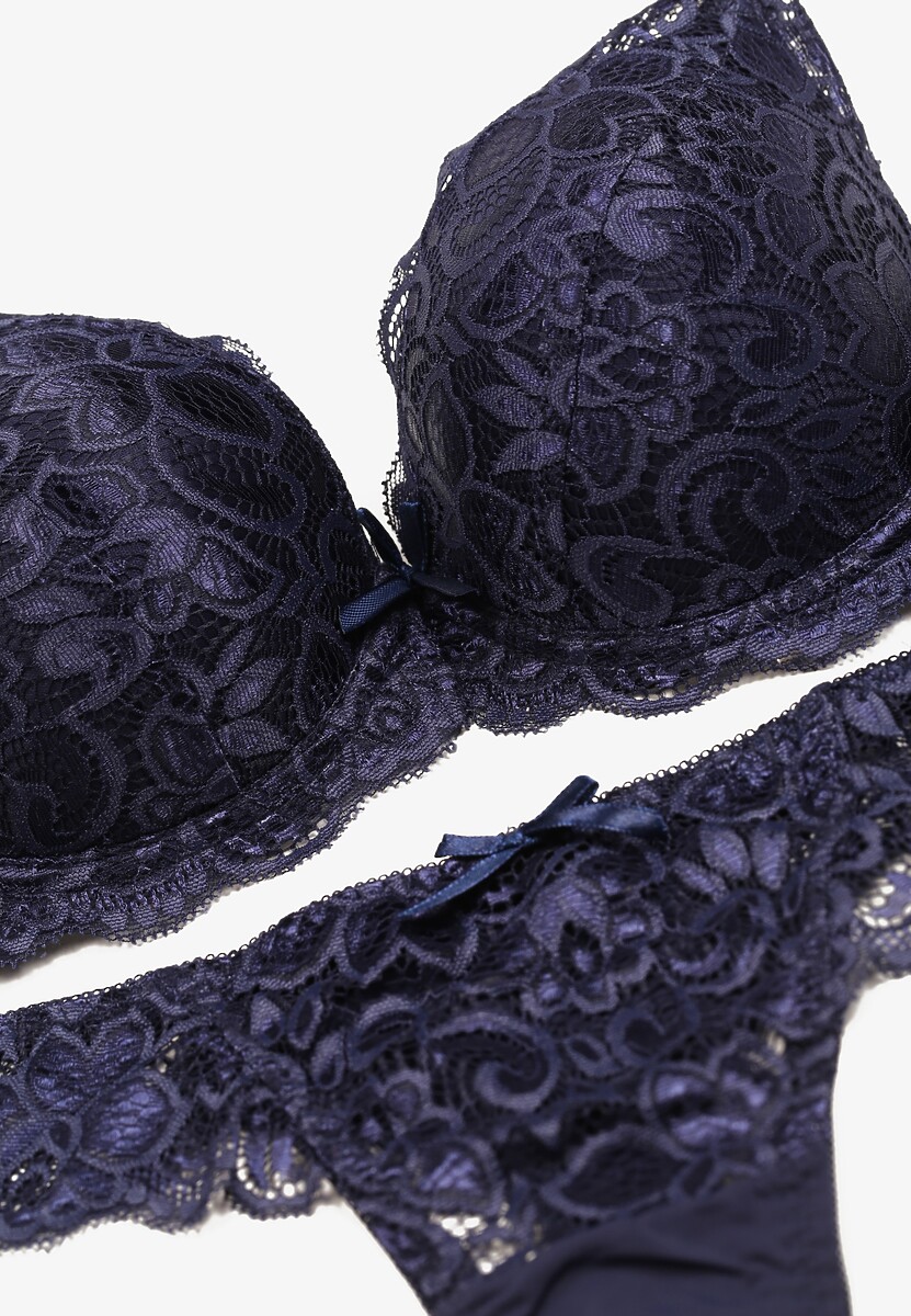 Granatowy Komplet Bielizny z Koronką i Kokardkami Biustonosz i Stringi Nasorinne