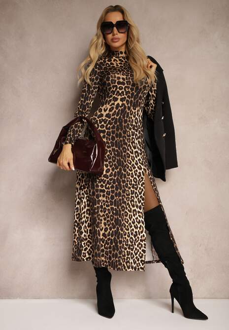 Brązowo-Czarna Taliowana Sukienka z Rozcięciem na Boku i Półgolfem Saimara