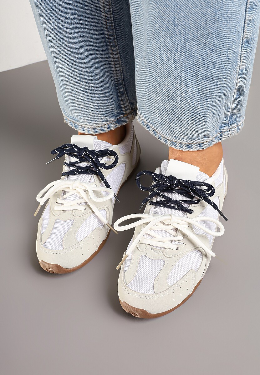 Beżowo-Szare Sneakersy z Kontrastującymi Sznurówkami i Przeszyciami Nanlita