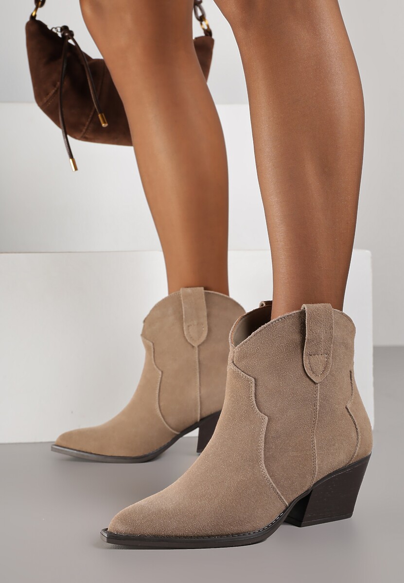 Ciemnobeżowe Botki Kowbojki na Stożku ze Skóry Naturalnej Liravetta