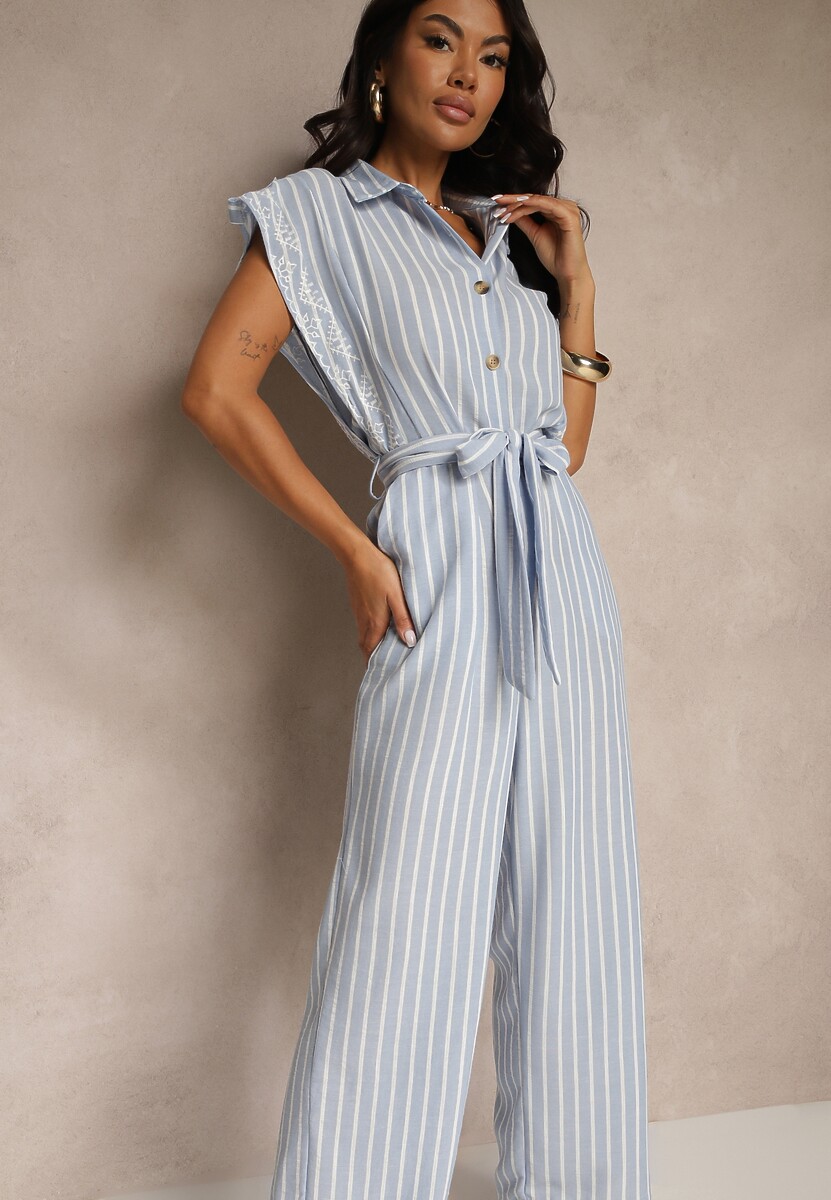 Beżowy Koszulowy Kombinezon z Bawełny z Wiązanym Paskiem Amevilia