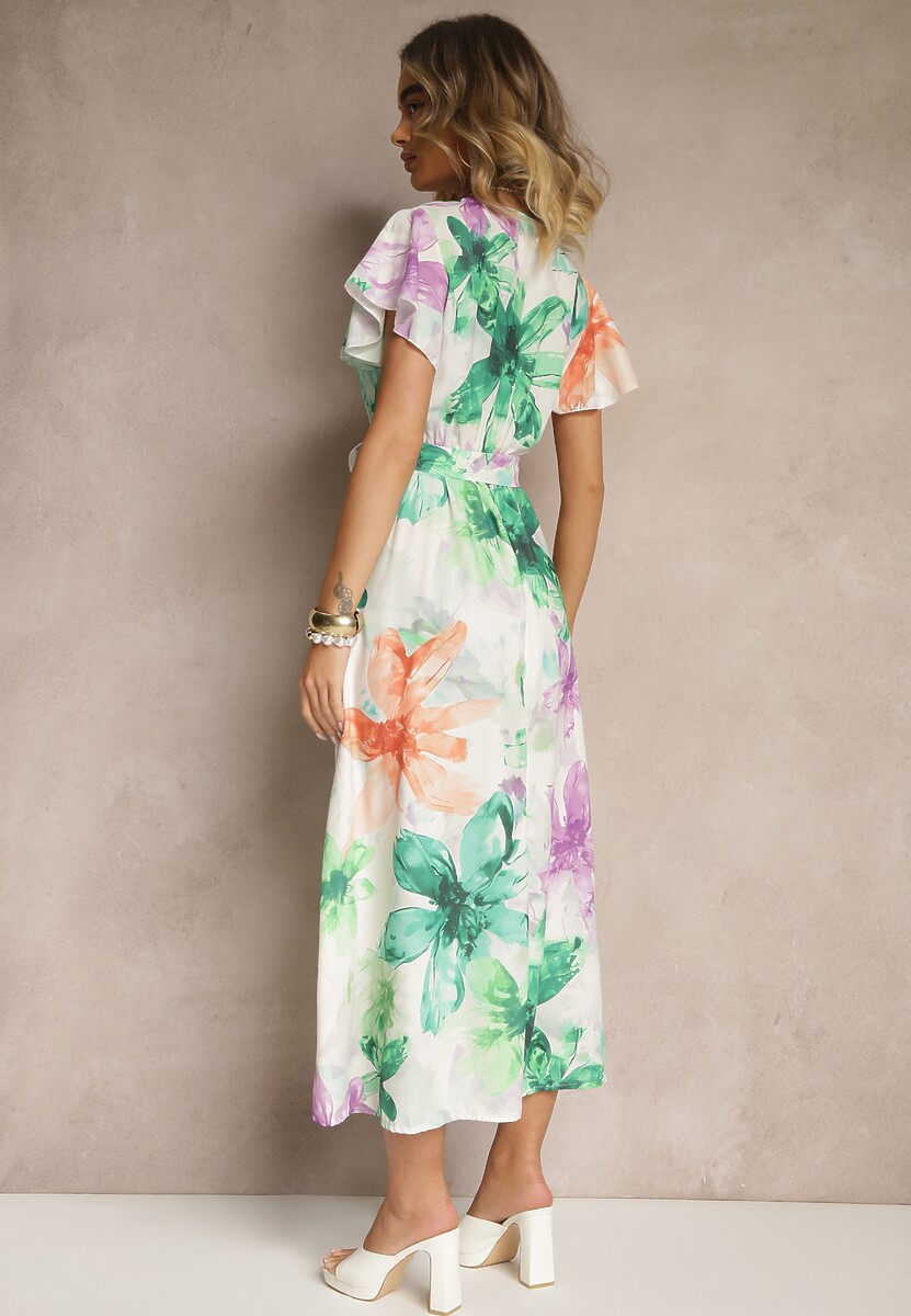 Ciemnozielona Kopertowa Sukienka z Wiązanym Paskiem w Kwiatowy Wzór Redellira