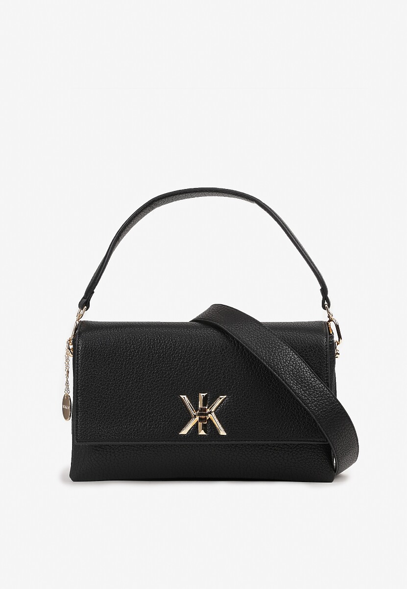 Czarna Torebka Prostokątna w Stylu Kopertówki z Ozdobnym Zapięciem Paskiem i Rączką Tintelith