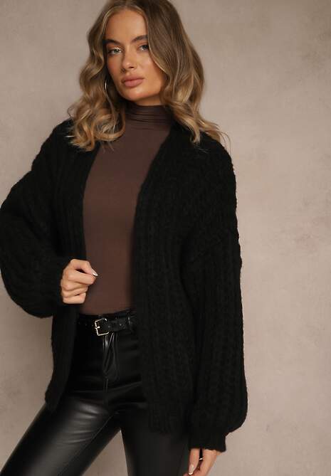 Czarny Oversizowy Kardigan Bez Zapięć z Dodatkiem Wełny i Wiskozy Titanesa