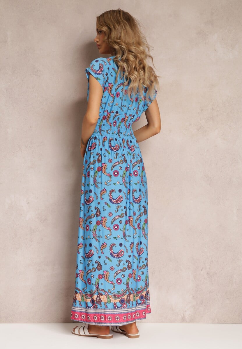 Granatowa Rozkloszowana Sukienka Maxi z Printem Paisley z Gumką w Pasie Zoenia