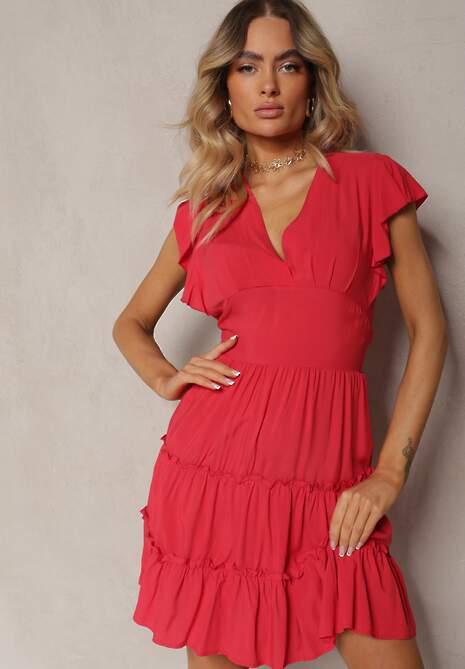 Czerwona Taliowana Sukienka Mini Ozdobiona Falbankami Salleni