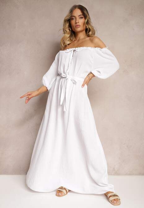 Biała Bawełniana Sukienka z Muślinu Wiązana przy Dekolcie z Paskiem i Gumką w Talii Tasda