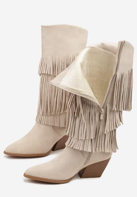 Beżowe Kozaki Kowbojki na Stożku Ozdobione Frędzlami Giolanda