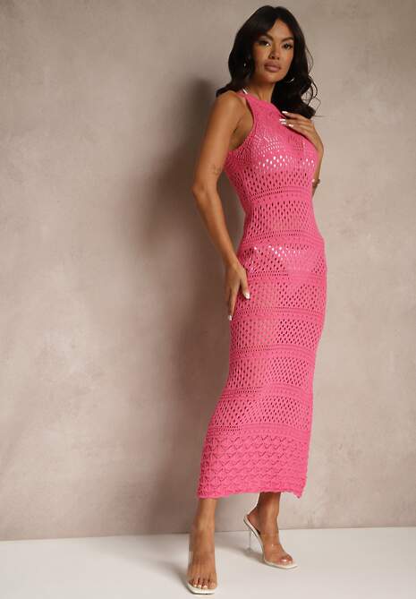 Różowa Ażurowa Sukienka o Taliowanym Kroju Bez Rękawów Tialiera