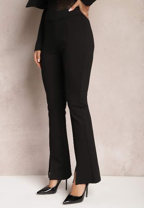 Czarne Spodnie Flare z Rozcięciem przy Nogawce Hekenia